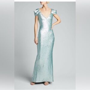 Badgley Mischka One Shoulder Sequin Gown in Light Blue